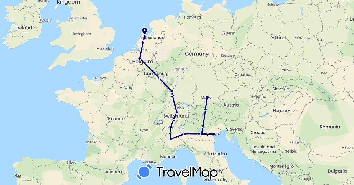 TravelMap itinerary: driving in Austria, Belgium, Switzerland, Germany, France, Italy, Netherlands (Europe)